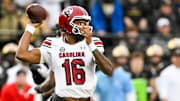 Nov 9, 2024; Nashville, Tennessee, USA;  South Carolina Gamecocks quarterback LaNorris Sellers (16) passes the ball against the Vanderbilt Commodores during the first half at FirstBank Stadium. Mandatory Credit: Steve Roberts-Imagn Images