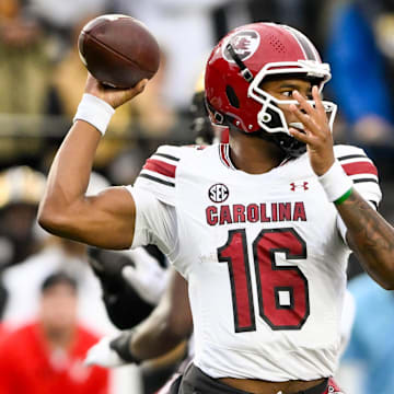 Nov 9, 2024; Nashville, Tennessee, USA;  South Carolina Gamecocks quarterback LaNorris Sellers (16) passes the ball against the Vanderbilt Commodores during the first half at FirstBank Stadium. Mandatory Credit: Steve Roberts-Imagn Images