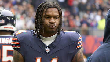 Oct 13, 2024; London, United Kingdom; Chicago Bears tight end Gerald Everett (14) during an NFL International Series game at Tottenham Hotspur Stadium. Mandatory Credit: Peter van den Berg-Imagn Images