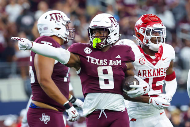 Texas A&M running back Le'Veon Moss reacts during the second half against the Arkansas Razorbacks.