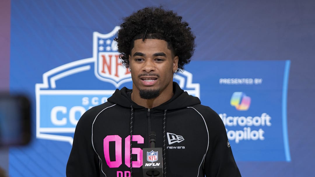 Feb 26, 2026; Indianapolis, IN, USA; LSU defensive back Mansoor Delane (DB06) speaks to media members during the NFL Combine at the Indiana Convention Center. Mandatory Credit: Jacob Musselman-Imagn Images
