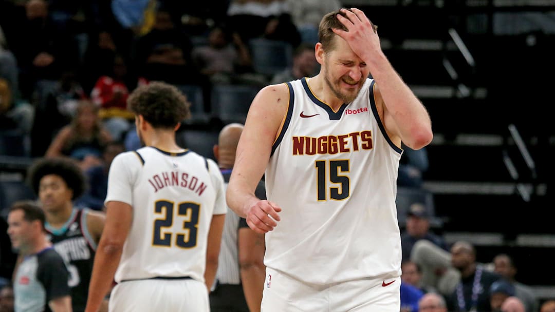 Mar 18, 2026; Memphis, Tennessee, USA; Denver Nuggets center Nikola Jokic (15) reacts during the second quarter against the Memphis Grizzlies at FedExForum. Mandatory Credit: Petre Thomas-Imagn Images