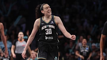 Jul 13, 2025; Brooklyn, New York, USA;  New York Liberty forward Breanna Stewart (30) reacts after forcing a turnover on the Atlanta Dream in the third quarter at Barclays Center. Mandatory Credit: Wendell Cruz-Imagn Images