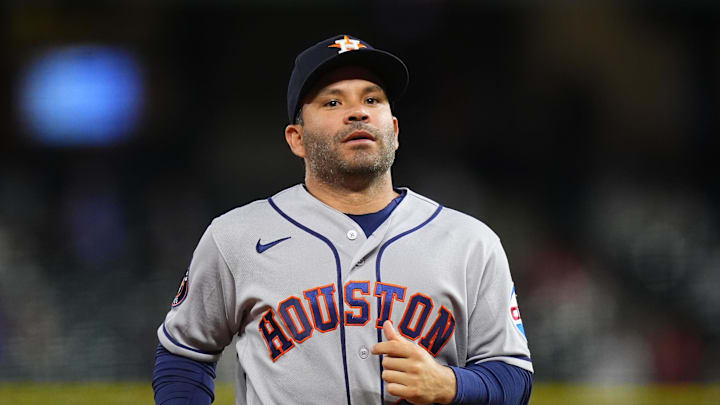 Apr 7, 2026; Denver, Colorado, USA; Houston Astros left fielder Jose Altuve (27) leaves the field in the seventh inning against the Colorado Rockies at Coors Field. Mandatory Credit: Ron Chenoy-Imagn Images