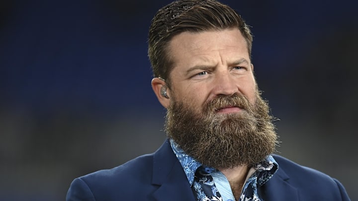 Ryan Fitzpatrick, Thursday Night Football analyst, on set before the game between the Baltimore Ravens and the Cincinnati Bengals. Ryan Fitzpatrick, Thursday Night Football analyst, on set before the game between the Baltimore Ravens and the Cincinnati Bengals.