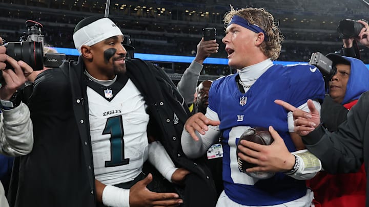 Jalen Hurts and Jaxson Dart meet up once again on Sunday afternoon. Jalen Hurts and Jaxson Dart meet up once again on Sunday afternoon.