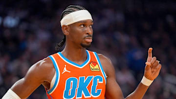 Dec 2, 2025; San Francisco, California, USA; Oklahoma City Thunder guard Shai Gilgeous-Alexander (2) looks towards the team bench during a break in the action against the Golden State Warriors in the first quarter at the Chase Center. Mandatory Credit: Cary Edmondson-Imagn Images