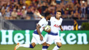 Jul 28, 2018; Pasadena, CA, USA; Tottenham Hotspur midfielder Georges-Kevin N'Koudou (left) celebrates his second-half goal with midfielder Anthony Georgiou (42) against FC Barcelona.