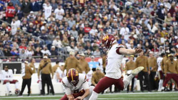 Nov 5, 2023; Foxborough, Massachusetts, USA;  Washington Commanders place kicker Joey Slye (6) kicks