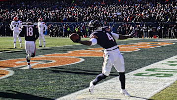 D'Andre Swift celebrates one of two touchdown runs on Sunday at Soldier Field against Cleveland.