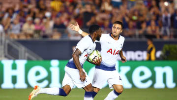Jul 28, 2018; Pasadena, CA, USA; Tottenham Hotspur midfielder Georges-Kevin N'Koudou (left) celebrates his second-half goal with midfielder Anthony Georgiou (42) against FC Barcelona.