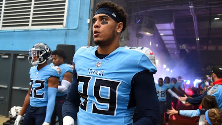 Nov 27, 2022; Nashville, Tennessee, USA; Tennessee Titans linebacker Rashad Weaver (99) waits to take the field before the game against the Cincinnati Bengals at Nissan Stadium. Mandatory Credit: Christopher Hanewinckel-Imagn Images