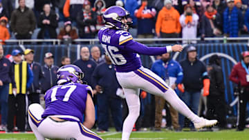 Nov 24, 2024; Chicago, Illinois, USA; Minnesota Vikings kicker John Parker Romo (96) watches his successful game winning field goal against the Chicago Bears during overtime at Soldier Field. Mandatory Credit: Daniel Bartel-Imagn Images