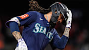 Seattle Mariners shortstop J.P. Crawford (3) bats a solo home run against Tigers during the sixth inning of ALDS Game 3 at Comerica Park in Detroit on Tuesday, Oct. 7, 2025.
