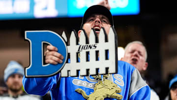 Detroit Lions fans react to a play against Dallas Cowboys during the first half at Ford Field.