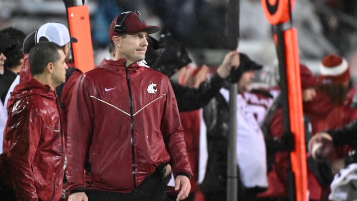 Nov 4, 2023; Pullman, Washington, USA; Washington State Cougars head coach Jake Dickert looks on against the Stanford Cardinal in the first half at Gesa Field at Martin Stadium. Mandatory Credit: James Snook-USA TODAY Sports