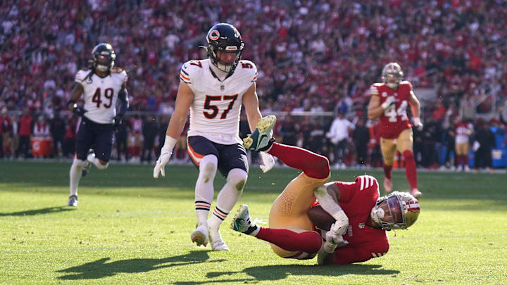 Isaac Guerendo catches a pass for a first down against the Chicago Bears. Isaac Guerendo catches a pass for a first down against the Chicago Bears.