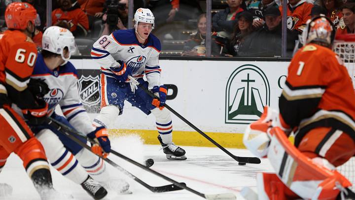 Apr 24, 2026; Anaheim, California, USA;  Edmonton Oilers center Josh Samanski (81) attacks a goal during the third period against the Anaheim Ducks in game three of the first round of the 2026 Stanley Cup Playoffs at Honda Center. Mandatory Credit: Kiyoshi Mio-Imagn Images