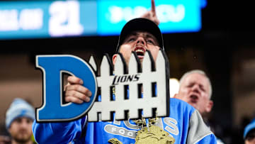 Detroit Lions fans react to a play against Dallas Cowboys during the first half at Ford Field in Detroit.