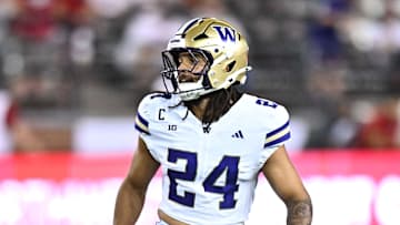 Sep 20, 2025; Pullman, Washington, USA; Washington Huskies safety Makell Esteen (24) drops back into coverage against the Washington State Cougars in the second half of Apple Cup at Gesa Field at Martin Stadium. Mandatory Credit: James Snook-Imagn Images