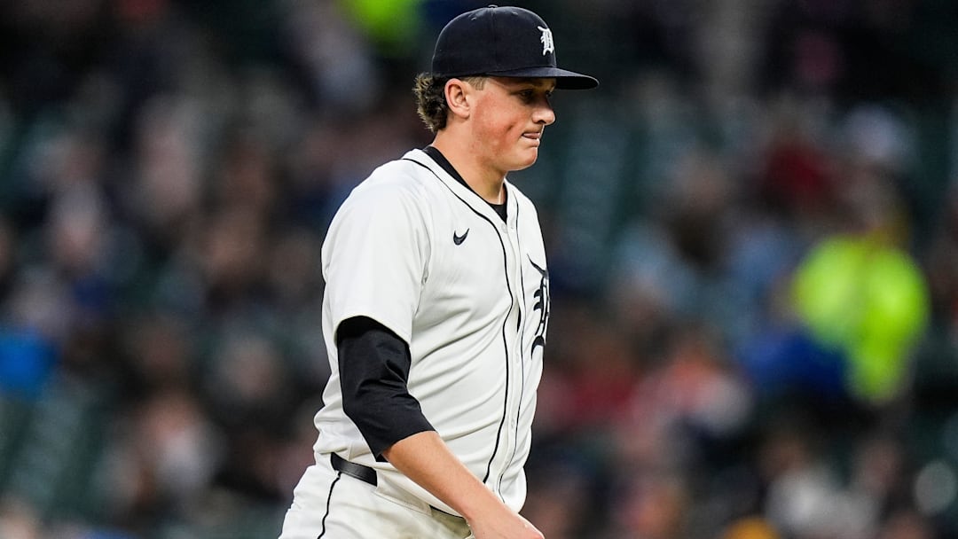 Detroit Tigers pitcher Reese Olson (45) walks off the filed after pitching the fifth inning against Kansas City Royals at Comerica Park in Detroit on Thursday, April 17, 2025. Detroit Tigers pitcher Reese Olson (45) walks off the filed after pitching the fifth inning against Kansas City Royals at Comerica Park in Detroit on Thursday, April 17, 2025.