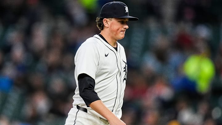 Detroit Tigers pitcher Reese Olson (45) walks off the filed after pitching the fifth inning against Kansas City Royals at Comerica Park in Detroit on Thursday, April 17, 2025.