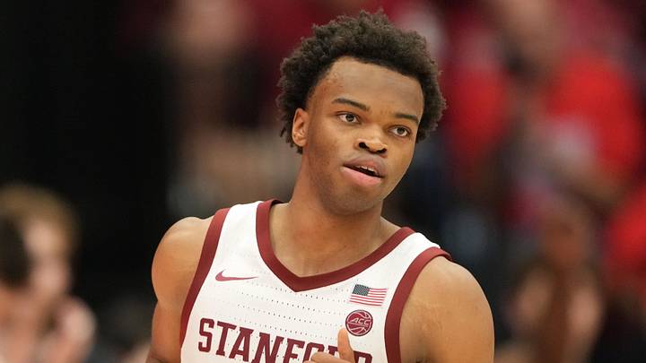 Feb 28, 2026; Stanford, California, USA; Stanford Cardinal guard Ebuka Okorie (1) during the second half against the Southern Methodist University Mustangs at Maples Pavilion. Mandatory Credit: Darren Yamashita-Imagn Images