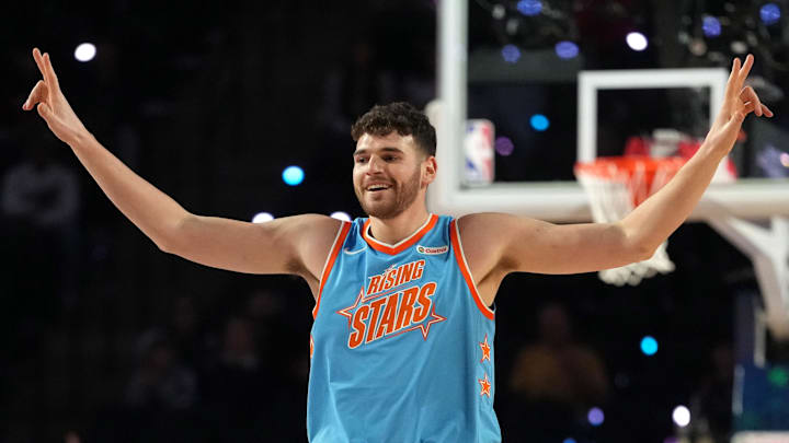 Feb 13, 2026; Inglewood, California, USA; Team Melo frontcourt Donovan Clingan (23) of the Portland Trail Blazers reacts in the first half during an NBA All Star Rising Stars game at Intuit Dome. Mandatory Credit: Kirby Lee-Imagn Images