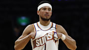 Apr 4, 2025; Boston, Massachusetts, USA; Phoenix Suns guard Devin Booker (1) during the second quarter against the Boston Celtics at TD Garden. Mandatory Credit: Winslow Townson-Imagn Images