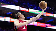 Mar 18, 2024; Philadelphia, Pennsylvania, USA; Miami Heat forward Duncan Robinson (55); Credit: Bill Streicher-USA TODAY Sports