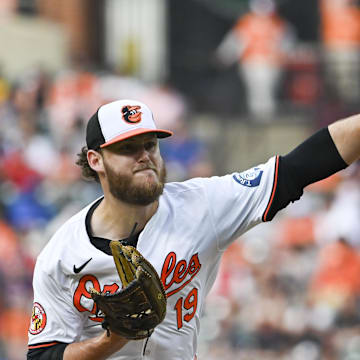 Jun 25, 2024; Baltimore, Maryland, USA;  Baltimore Orioles pitcher Cole Irvin (19) throws a first inning pitch against the Cleveland Guardians at Oriole Park at Camden Yards. Mandatory Credit: Tommy Gilligan-Imagn Images