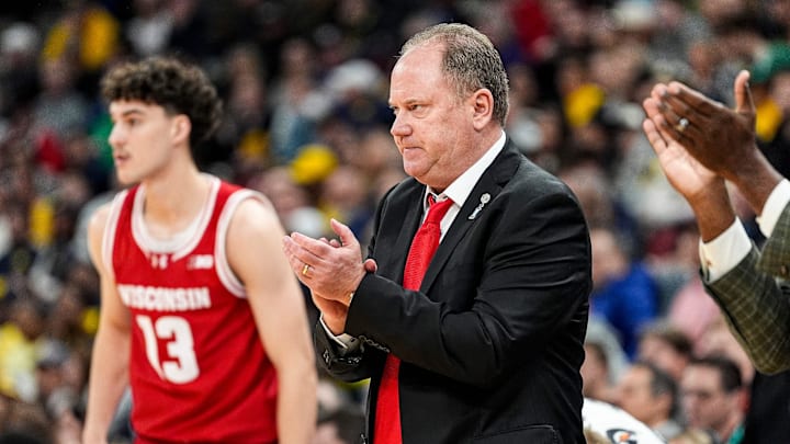 Wisconsin head coach Greg Gard reacts to a play against Michiganduring the first half of Big Ten Tournament semifinal at United Center in Chicago on Saturday, March 14, 2026.