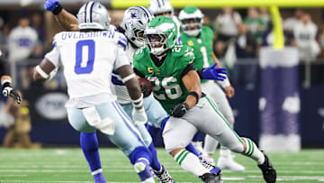 Nov 23, 2025; Arlington, Texas, USA; Philadelphia Eagles running back Saquon Barkley (26) runs with the ball in the fourth quarter against the Dallas Cowboys at AT&T Stadium. Mandatory Credit: Kevin Jairaj-Imagn Images