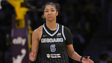 Chicago Sky forward Angel Reese reacts after a basket in the second half against the Los Angeles Sparks.