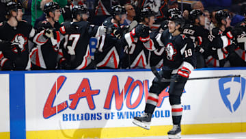 Peyton Krebs (19) celebrating his shorthanded goal against the Flyers on Thursday Night from the KeyBank Center