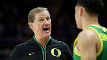 Dana Altman coaches up West Linn grad Jackson Shelstad in the Ducks' 80-73 win over Washington on Sunday. They take on Indiana this morning in their first-ever Big Ten Tournament.