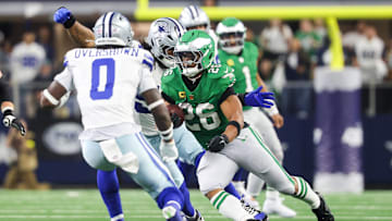 Nov 23, 2025; Arlington, Texas, USA; Philadelphia Eagles running back Saquon Barkley (26) runs with the ball in the fourth quarter against the Dallas Cowboys at AT&T Stadium. Mandatory Credit: Kevin Jairaj-Imagn Images