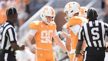 Tennessee place kicker Max Gilbert (90) celebrates after a successful extra point during a college football game between Tennessee and UAB at Neyland Stadium in Knoxville, Tenn., on Sept. 20, 2025. Tennessee defeated UAB.