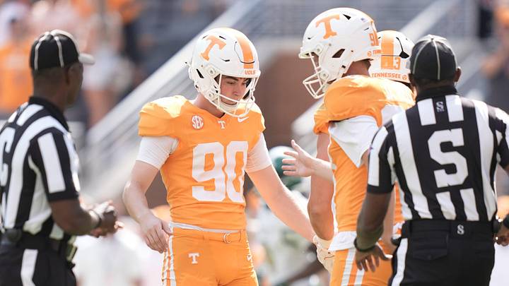 Tennessee place kicker Max Gilbert (90) celebrates after a successful extra point during a college football game between Tennessee and UAB at Neyland Stadium in Knoxville, Tenn., on Sept. 20, 2025. Tennessee defeated UAB.
