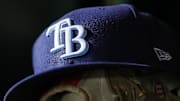Apr 3, 2023; Washington, District of Columbia, USA; A general view of a Tampa Bay Rays hat and glove during the seventh inning of the game against the Washington Nationals at Nationals Park. 