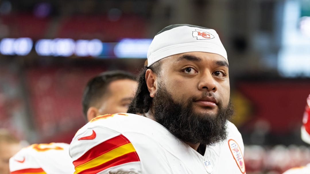 Aug 9, 2025; Glendale, Arizona, USA; Kansas City Chiefs offensive tackle Esa Pole (79) against the Arizona Cardinals during a preseason NFL game at State Farm Stadium. Mandatory Credit: Mark J. Rebilas-Imagn Images