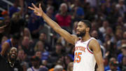 Nov 22, 2025; Orlando, Florida, USA; New York Knicks guard Mikal Bridges (25) reacts after a three point basket against the Orlando Magic in the first quarter at Kia Center. Mandatory Credit: Nathan Ray Seebeck-Imagn Images