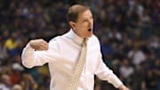 March 10, 2016; Las Vegas, NV, USA; Oregon Ducks head coach Dana Altman instructs against the Washington Huskies during the first half of the Pac-12 Conference tournament at MGM Grand Garden Arena. Mandatory Credit: Kyle Terada-Imagn Images