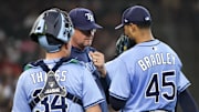 Tampa Bay Rays pitcher Taj Bradley (45) has been roughed up lately. Is his spot in the starting rotation getting less secure?