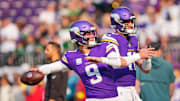 Oct 19, 2025; Minneapolis, Minnesota, USA; Minnesota Vikings quarterback J.J. McCarthy (9) warms up before the game against the Philadelphia Eagles at U.S. Bank Stadium. Mandatory Credit: Brad Rempel-Imagn Images