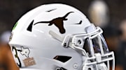 Texas Longhorns helmet on the sideline during the first quarter against the Texas A&M Aggies at Kyle Field.