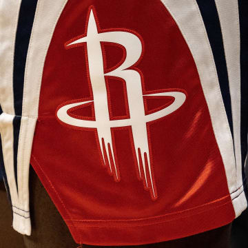 Mar 31, 2023; Houston, Texas, USA;  A detail of the Houston Rockets logo on the side of Houston Rockets forward Tari Eason (17) shorts as he plays against the Detroit Pistons in the second quarter at Toyota Center. Mandatory Credit: Thomas Shea-USA TODAY Sports