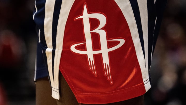 Mar 31, 2023; Houston, Texas, USA;  A detail of the Houston Rockets logo on the side of Houston Rockets forward Tari Eason (17) shorts as he plays against the Detroit Pistons in the second quarter at Toyota Center. Mandatory Credit: Thomas Shea-USA TODAY Sports