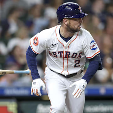 Sep 11, 2024; Houston, Texas, USA; Houston Astros third baseman Alex Bregman (2) runs to first base on a single during the third inning against the Oakland Athletics at Minute Maid Park.