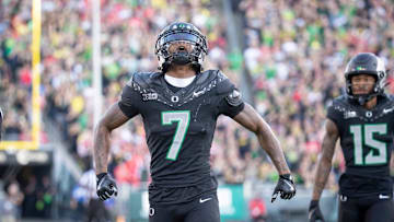 Oregon Ducks wide receiver Evan Stewart celebrates a long reception as the No. 3 Oregon Ducks host the No. 2 Ohio State Buckeyes Saturday, Oct. 12, 2024 at Autzen Stadium in Eugene, Ore.
